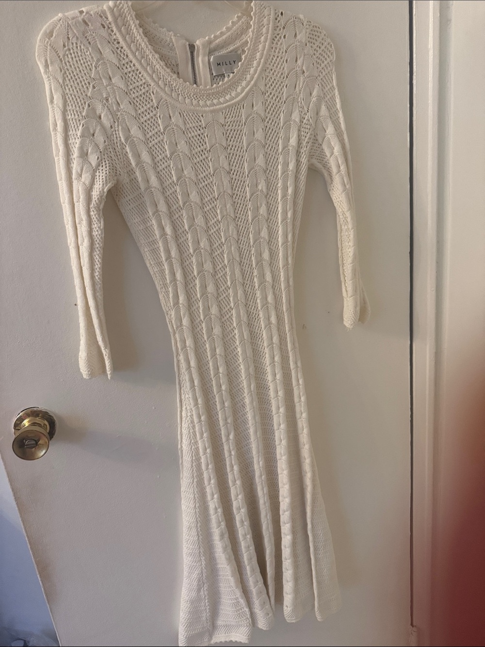Milly Ivory Cable-Knit Long Sleeve Midi Dress